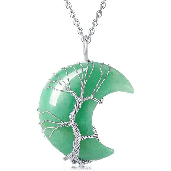 Women's Crescent Moon Tree Wire Wrapped Crystal Natural Gemstone Green Necklace - Picture 1 of 7